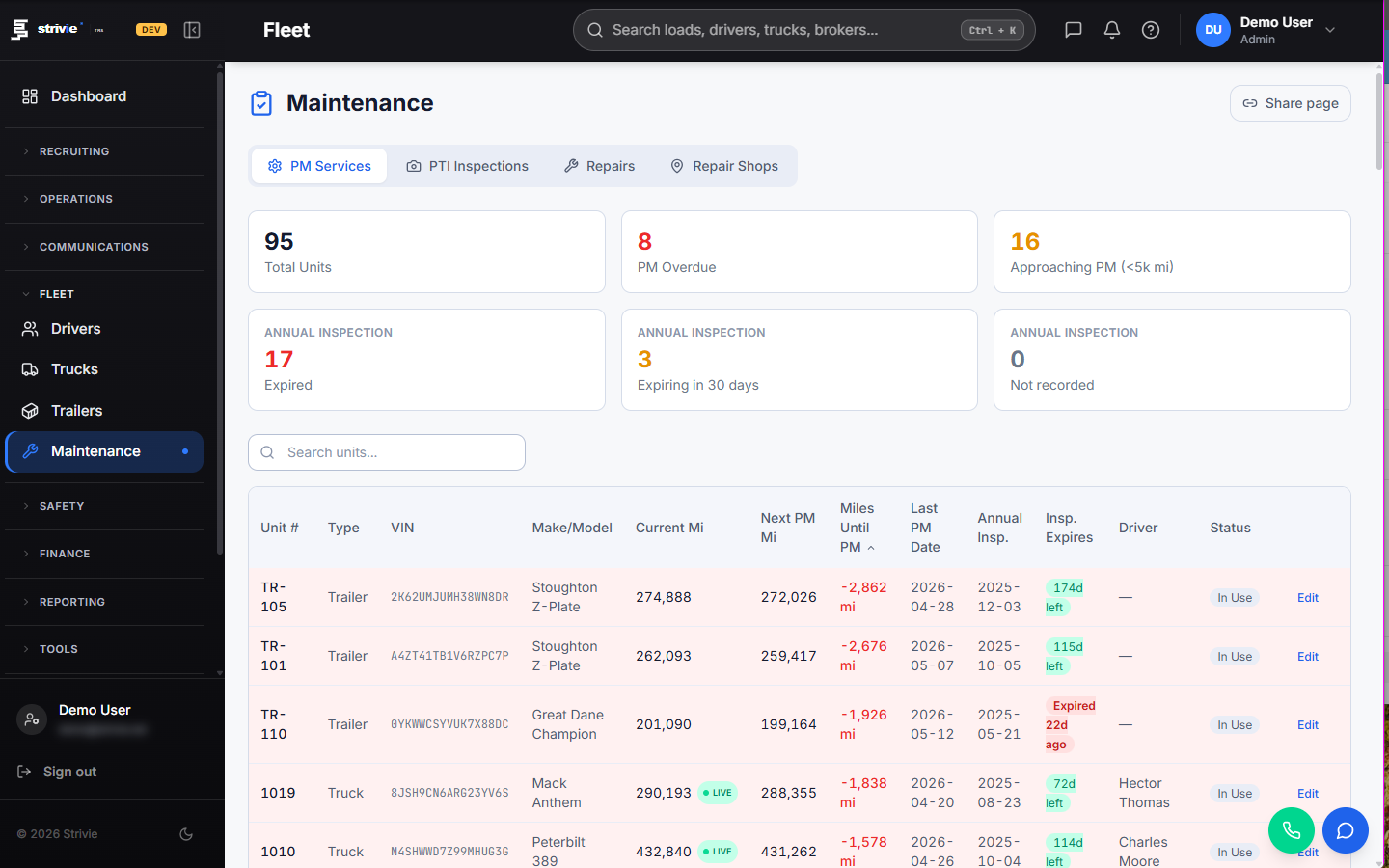 Strivie fleet maintenance tracking